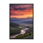 Fiery Sunset Over Winding Mountain River Valley | Framed Matte, Nature Art Print - 24"