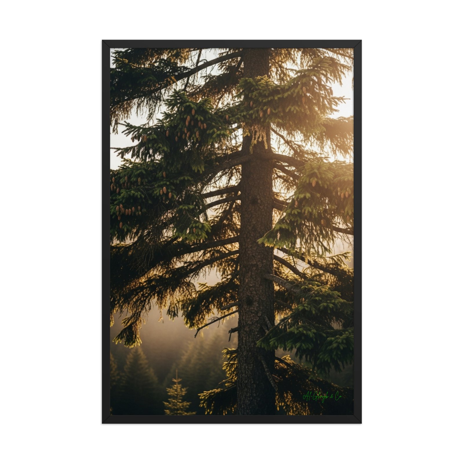 enhanced-matte-paper-framed-poster-in-black-24x36-front-6a29b79430c90.jpg Golden Sunrise Evergreen Tree | Framed Matte, Nature Art Print - 24" × 36" - Image 1