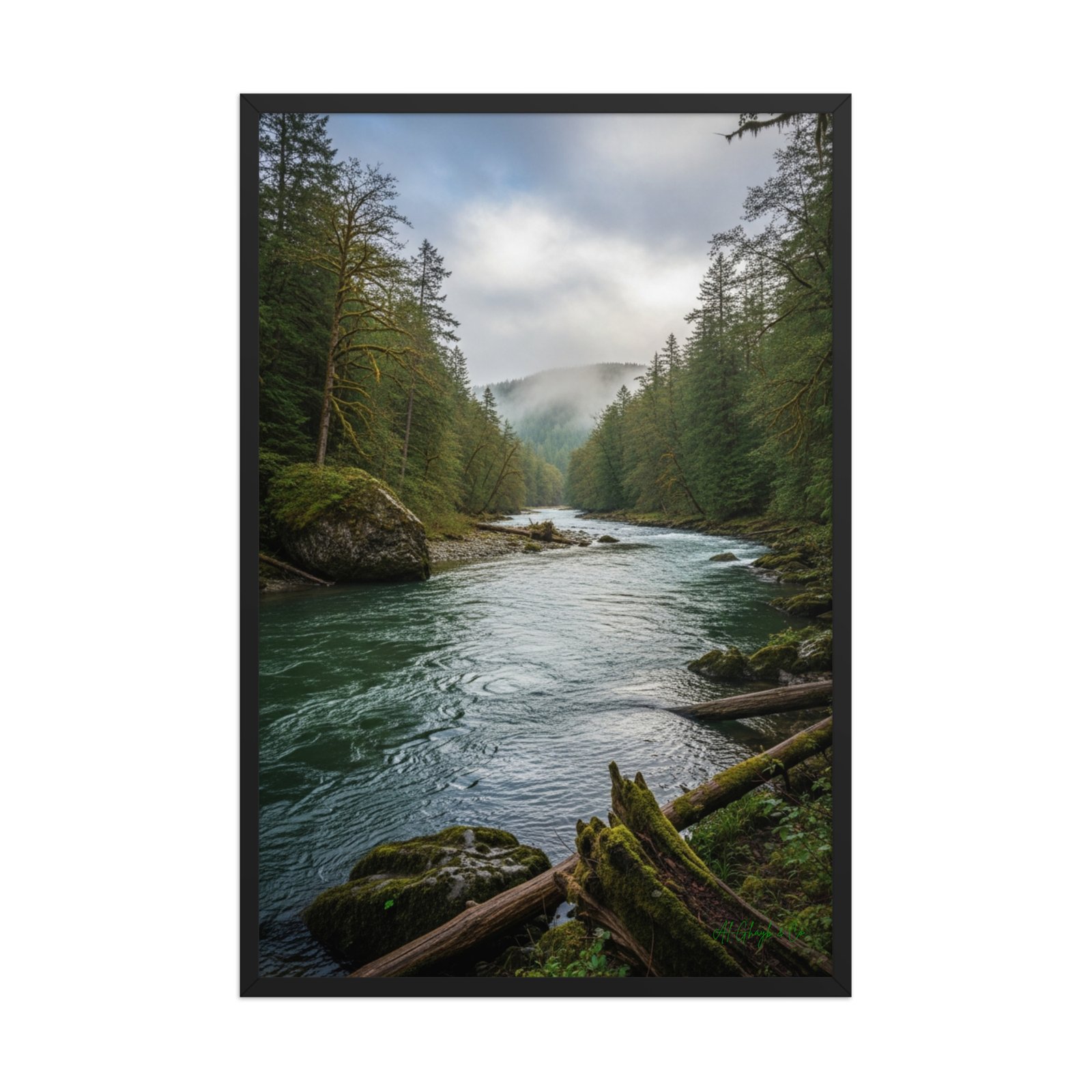 enhanced-matte-paper-framed-poster-in-black-24x36-front-6a74aaa97e1d0.jpg The Mist-Veiled River | Framed Matte, Nature Art Print - 24" × 36" - Image 1